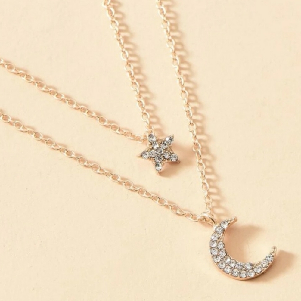 Gold Layered Necklace with Rhinestone Star and Moon - Picture 2 of 4